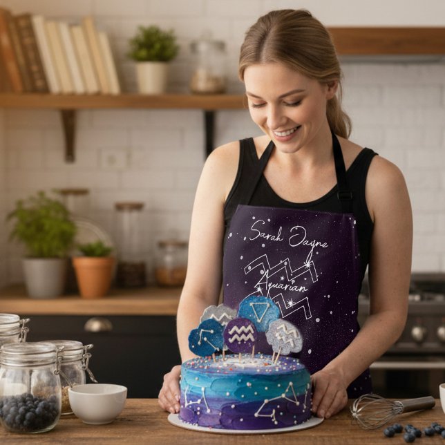 Aquarius Constellation Purple Sky Personalized Apron (For the Aquarian who loves astrology and baking. Just add their name)