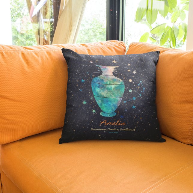 Aquarius Constellation Zodiac Watercolor Galaxy Throw Pillow (Front and Back)