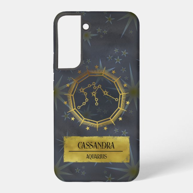 Aquarius Dark Zodiac Astrology: Black & Gold Samsung Galaxy Case (Back)