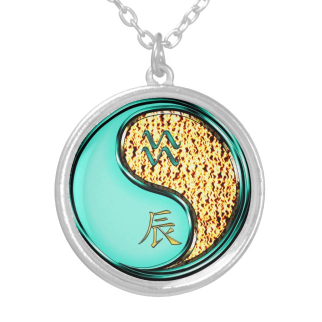 Aquarius & Fire Dragon Silver Plated Necklace (Front)