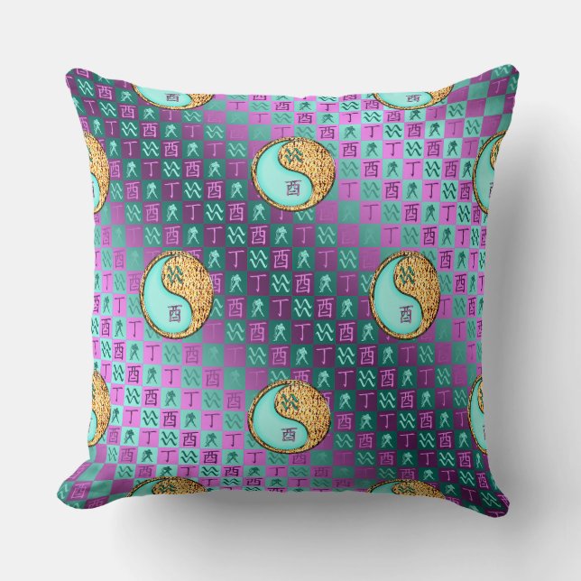 Aquarius & Fire Rooster Throw Pillow (Front)