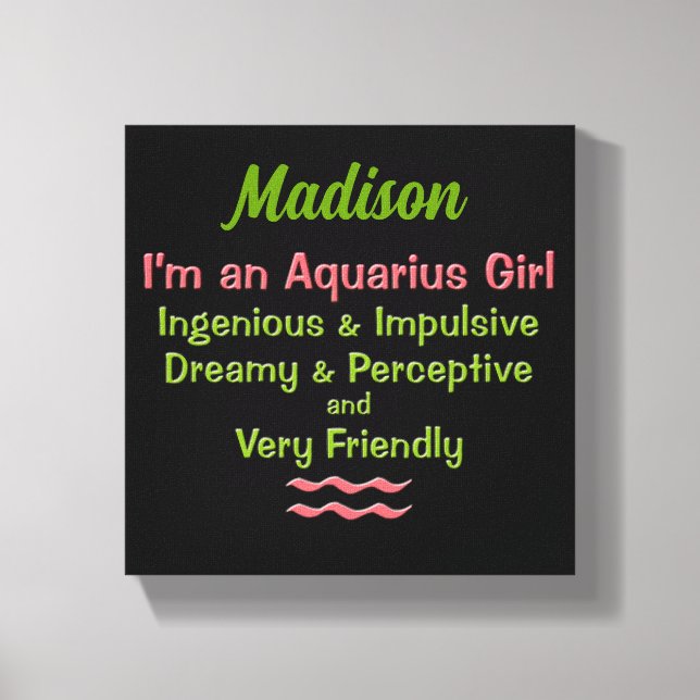 Aquarius Girl Pink and Green with Name Canvas Print (Front)