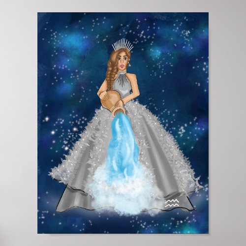 Aquarius Goddess Fashion Illustration In Navy Blue Poster