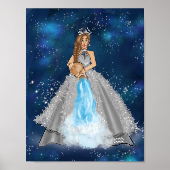 Aquarius Goddess Fashion Illustration In Navy Blue Poster (Front)