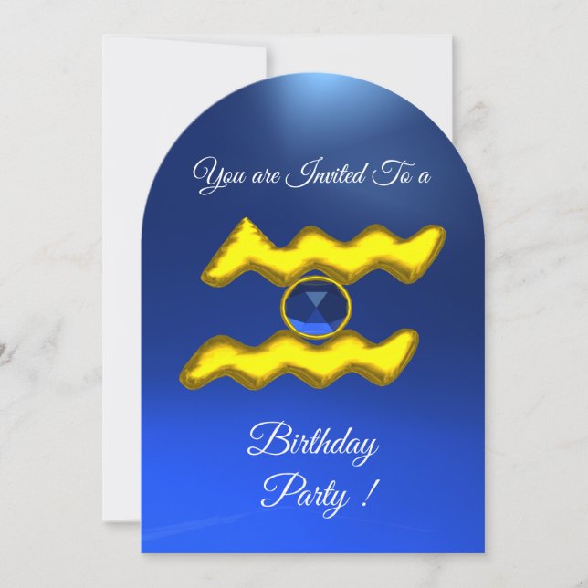 AQUARIUS Gold Aqua Blue Zodiac Birthday Party Invitation (Front)