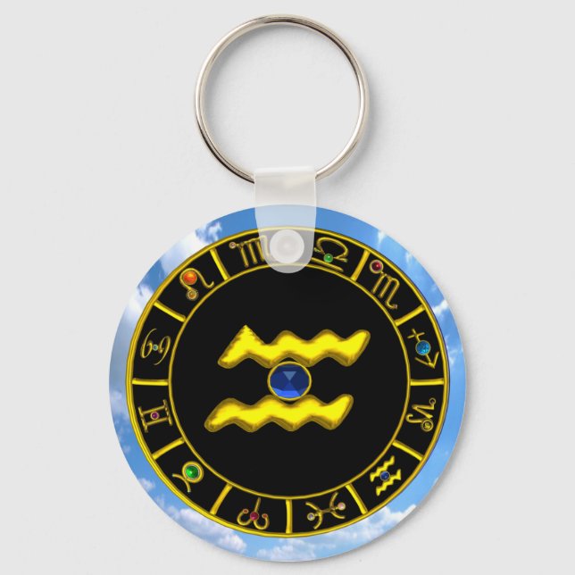 AQUARIUS GOLD ZODIAC BIRTHDAY JEWEL Astrology Keychain (Front)