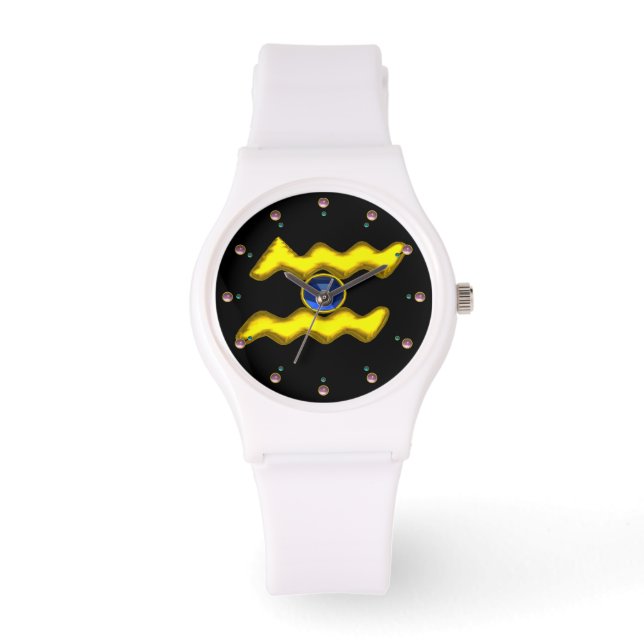 AQUARIUS GOLD ZODIAC BIRTHDAY JEWEL,Black Watch (Front)