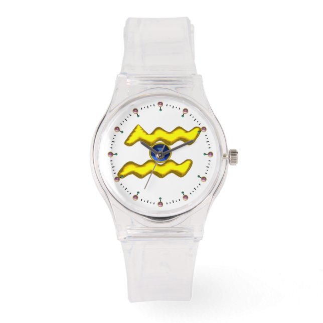 AQUARIUS GOLD ZODIAC BIRTHDAY JEWEL,White Watch (Front)
