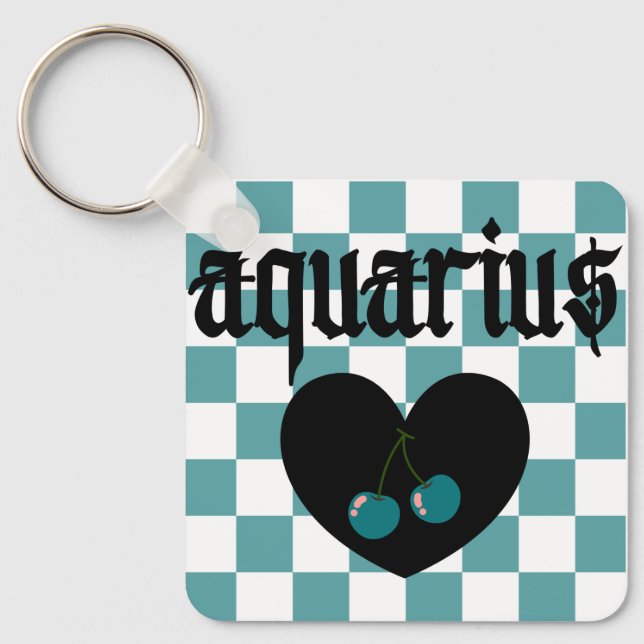 Aquarius Gothic Aesthetic Checkered Cherry Design Keychain (Front)