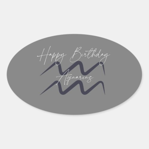 Aquarius GreyBlack Happy Birthday Oval Sticker