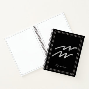 Aquarius hammered silver stylized astrology symbol notebook