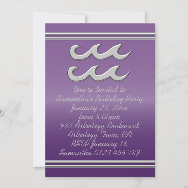 Aquarius in Chrome on Amethyst Effect Birthday Invitation (Front)