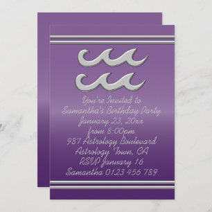 Aquarius in Chrome on Amethyst Effect Birthday Invitation