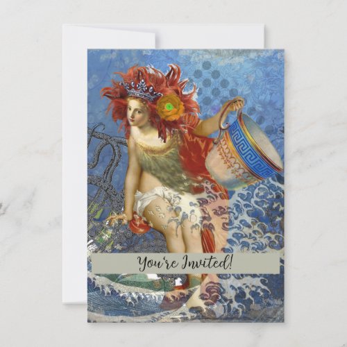 Aquarius Mermaid Gothic Blue Art Invitation