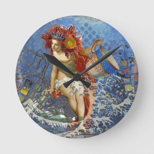 Aquarius Mermaid Gothic Blue Art Round Clock