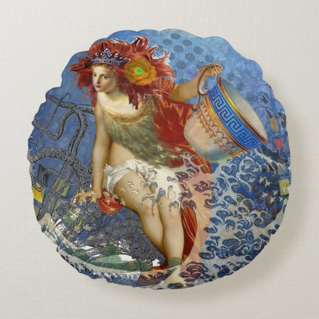 Aquarius Mermaid Gothic Blue Art Round Pillow (Front)