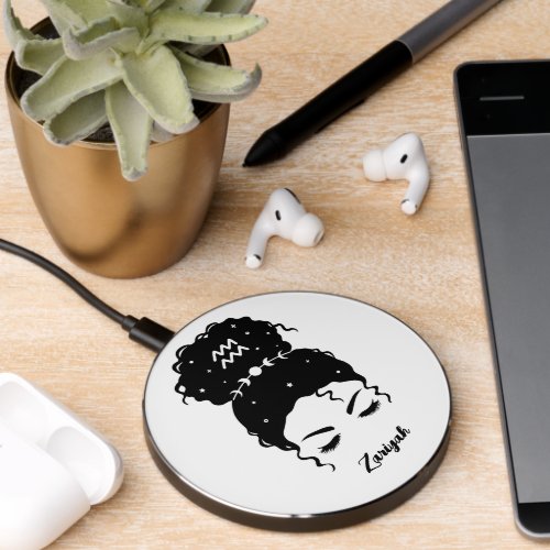 Aquarius messy bun updo eyelashes personalized wir wireless charger 