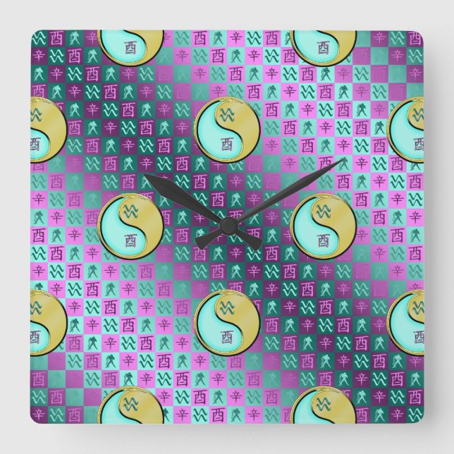 Aquarius & Metal Rooster Square Wall Clock (Front)