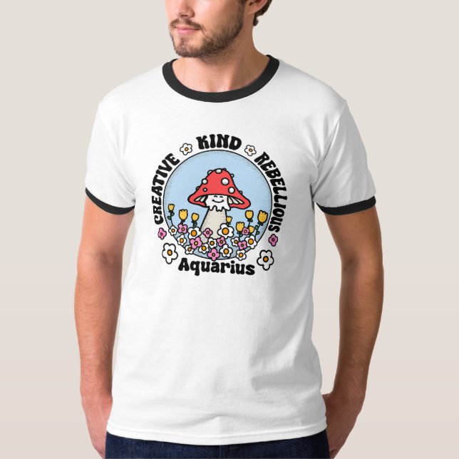 Aquarius Mushroom Flowers Zodiac Sign T-Shirt (Front)