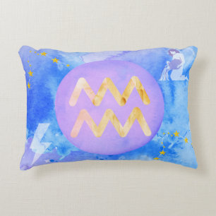 Aquarius Purple Blue Watercolour Astrology Zodiac Accent Pillow