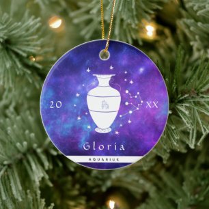 Aquarius Purple Cosmic Galaxy Zodiac Sign Name Ceramic Ornament