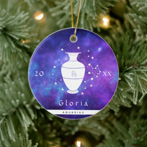 Aquarius Purple Cosmic Galaxy Zodiac Sign Name  Ceramic Ornament