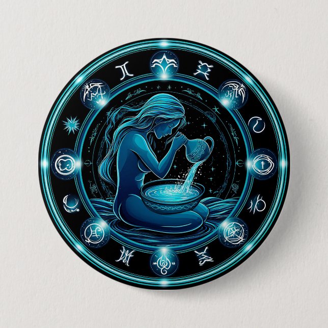 Aquarius Sign Beautiful Digital Illustration Button (Front)