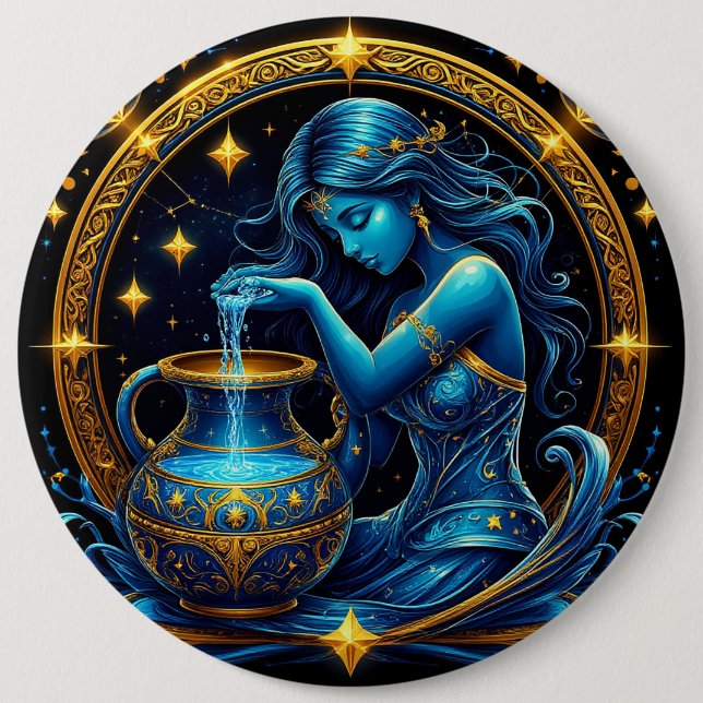Aquarius Sign Beautiful Digital Illustration Button (Front)