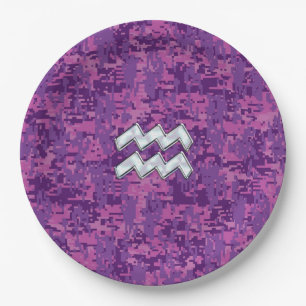 Aquarius Sign on fuchsia pink digital camo Paper Plates