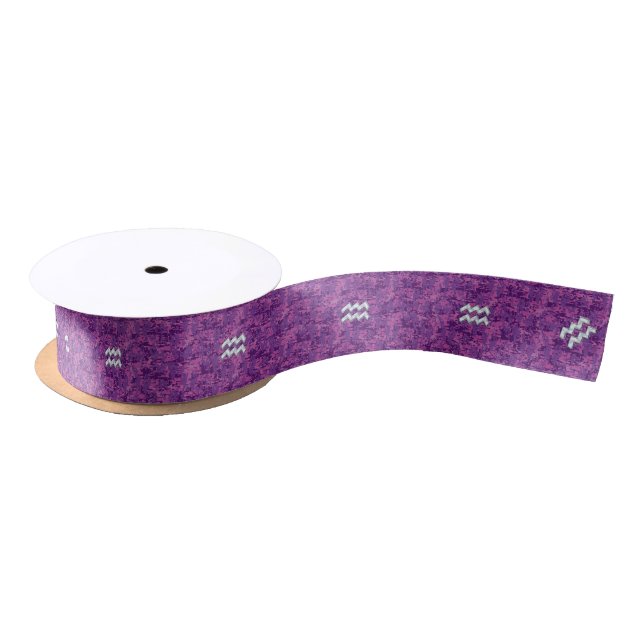 Aquarius Sign on fuchsia pink digital camo Satin Ribbon (Spool)