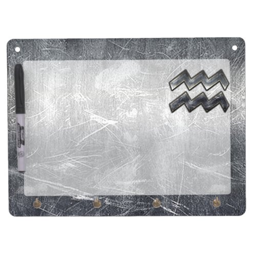 Aquarius Symbol Grunge Distressed Silver Steel Dry Erase Board With Keychain Holder