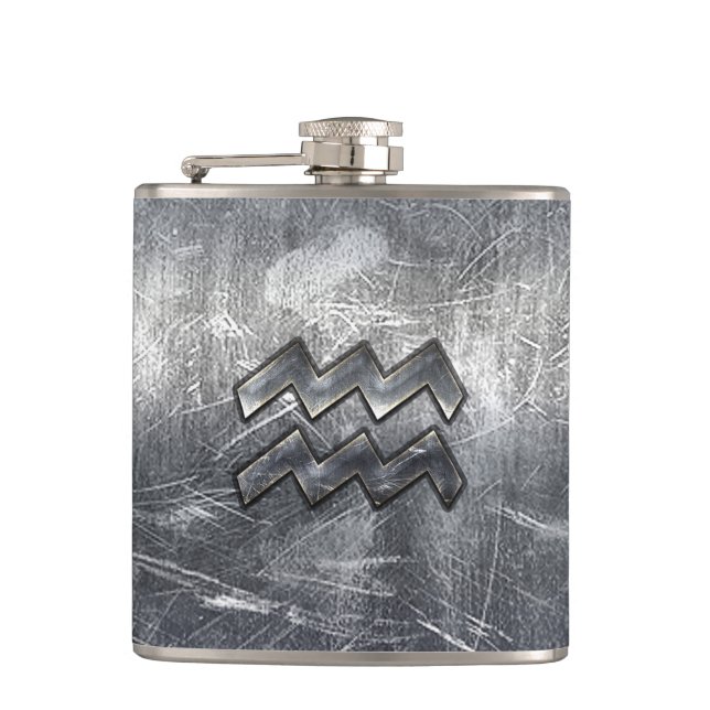 Aquarius Symbol Grunge Distressed Silver Steel Flask (Front)