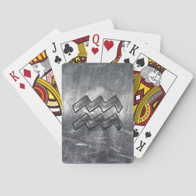 Aquarius Symbol Grunge Distressed Silver Steel Poker Cards (Back)