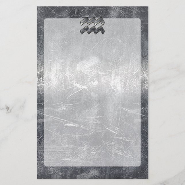 Aquarius Symbol Grunge Distressed Silver Steel Stationery (Front)