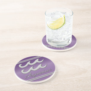 Aquarius Symbol in Chrome on Amethyst Effect Drink Coaster