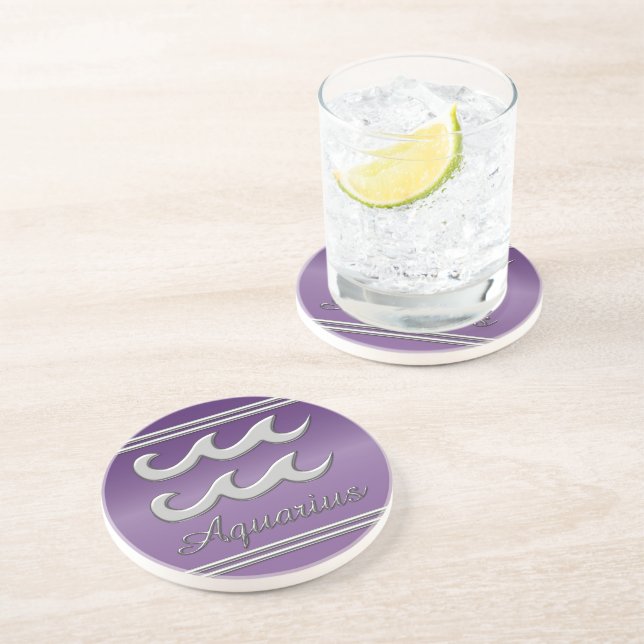 Aquarius Symbol in Chrome on Amethyst Effect Drink Coaster (Side)
