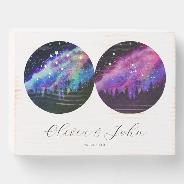 Aquarius Taurus Personalized Couples Horoscope Wooden Box Sign (Front Horizontal)