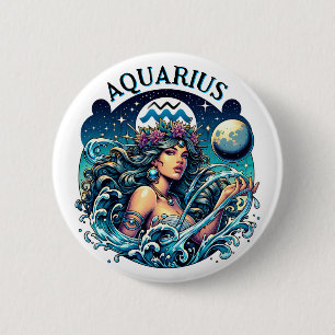 Aquarius Water Bearer Beautiful Woman Astrology Button