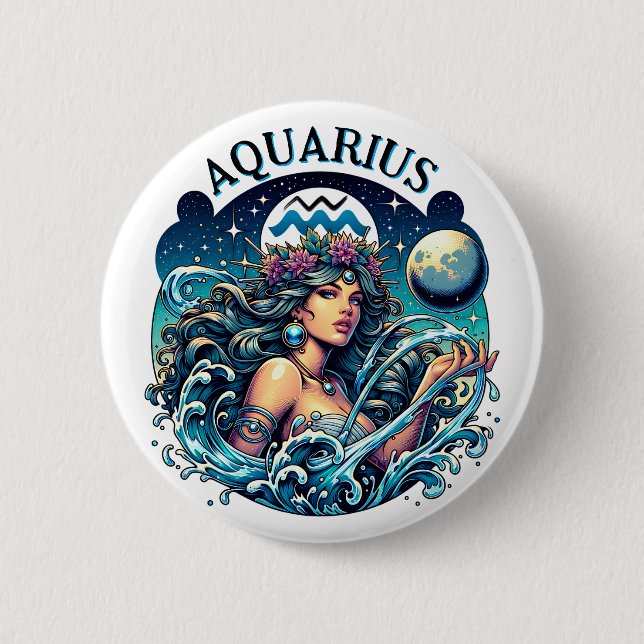 Aquarius Water Bearer Beautiful Woman Astrology  Button (Front)