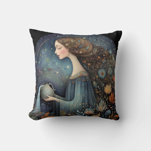 Aquarius Water Bearer Zodiac Astrology Birthday Throw Pillow (Front)