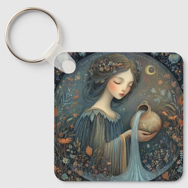Aquarius Water Bearer Zodiac Celestial Birthday Keychain (Front)