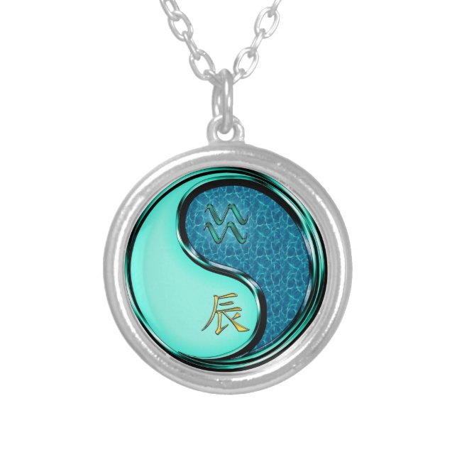 Aquarius & Water Dragon Silver Plated Necklace (Front)