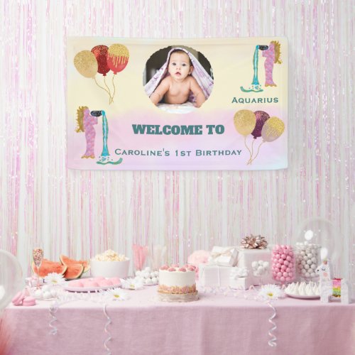 Aquarius Watercolor 1st Birthday Photo Sign