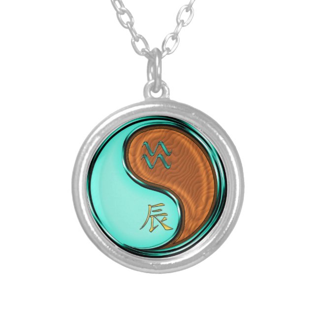 Aquarius & Wood Dragon Silver Plated Necklace (Front)