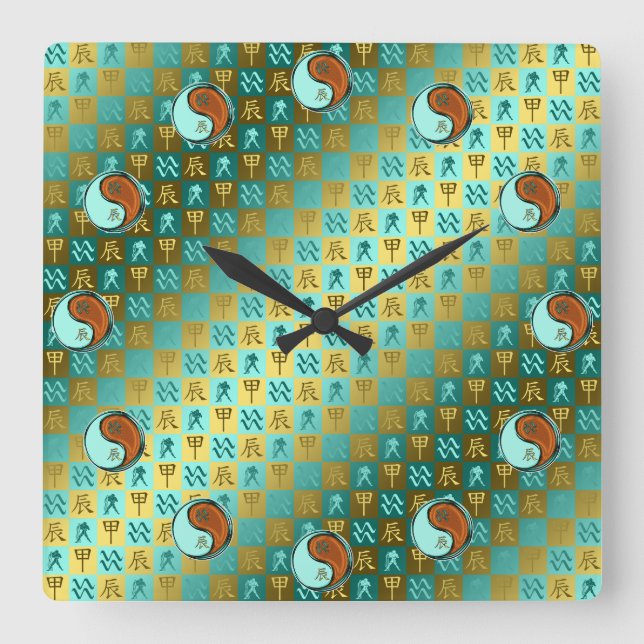 Aquarius & Wood Dragon Square Wall Clock (Front)