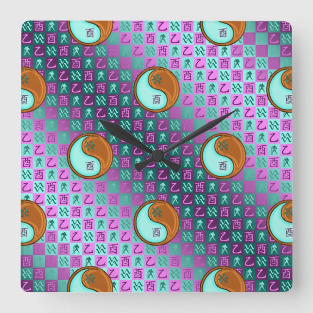 Aquarius & Wood Rooster Square Wall Clock (Front)
