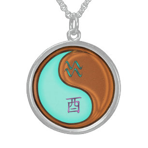 Aquarius & Wood Rooster Sterling Silver Necklace