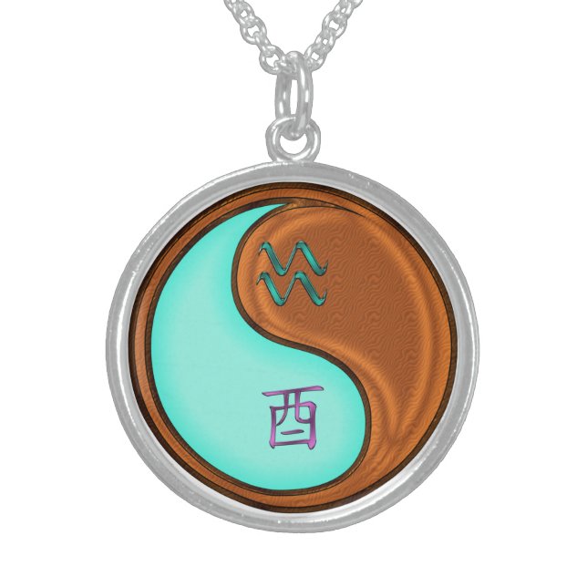 Aquarius & Wood Rooster Sterling Silver Necklace (Front)