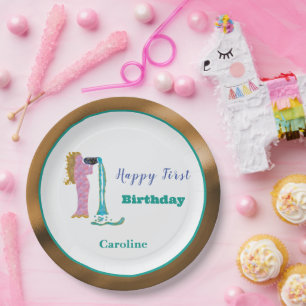 Aquarius Zodiac 1st Birthday Gold & Teal Artistic Paper Plates
