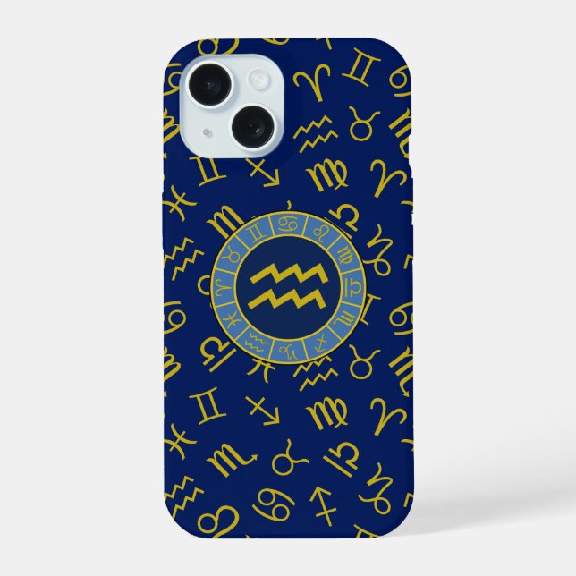 Aquarius Zodiac+Astrology Symbols Ptn Gold+Blues Iphone Case (Back)